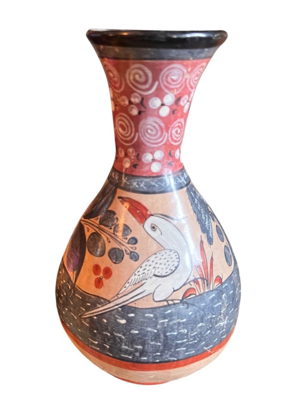 Signed Mateos Vase Handmade Tonala Pottery 9" T Bird Floral Design VTG Mexico